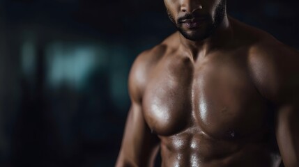 Fototapeta premium Close up of a fit man s muscular torso showcasing defined abs and chest under dramatic lighting