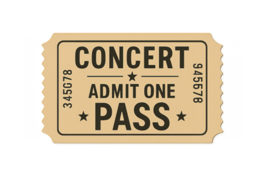 Vintage concert ticket permit one pass on transparent background