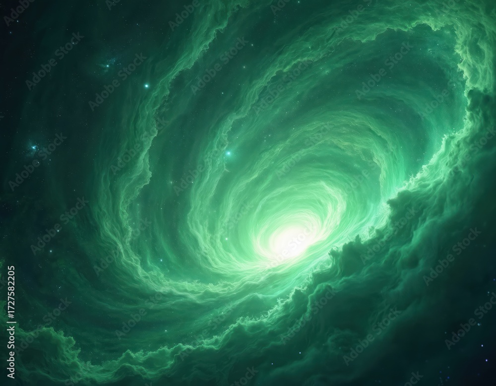 Wall mural abstract green cosmic vortex swirl with bright center. swirling nebula clouds create a path to light