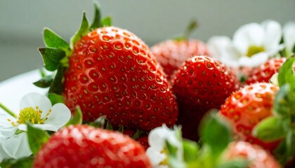 Ripe, red strawberries clustered with delicate white flowers; close-up, shallow depth of field