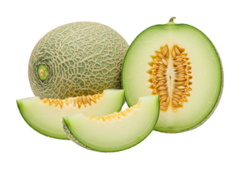 Fresh, ripe cantaloupe, cut halves, crescent slice, juicy flesh, orange seeds, on transparent background, copy space, soft studio lighting, high-key, minimalist healthy summer refreshment concept.