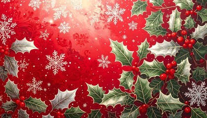 Festive holiday backdrop with holly, berries, and snowflakes on a red patterned ground