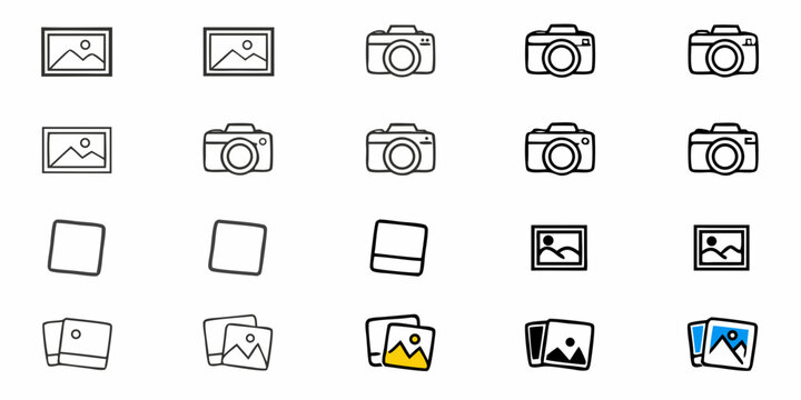 Capturing memories and moments with stylish camera and photo frame icons, perfect for digital scrapbooking and creative projects, conveying nostalgia and modern design