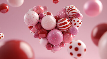 Heart shaped arrangement of pink and red balloons with festive patterns