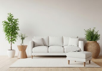 Modern living room with white sofa and potted plants creating a clean and inviting atmosphere illustration