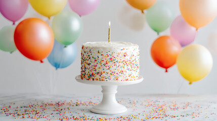 A simple white cake with colorful sprinkles, one candle, and floating rainbow balloons