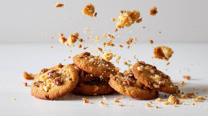 Crisp cookies breaking into crumbs against a clean white background.