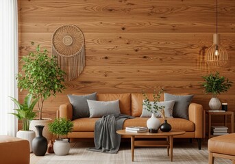 Cozy mid-century modern living room with tan sofa and wood paneled walls warm ambiance illustration