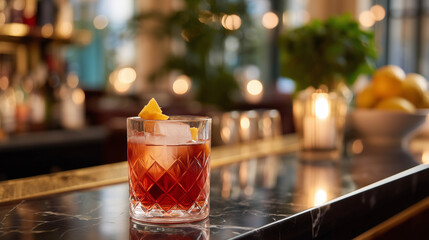 A crystal glass of ruby red Negroni with a large clear ice cube and orange twist garnish, resting on a reflective black marble bar counter.