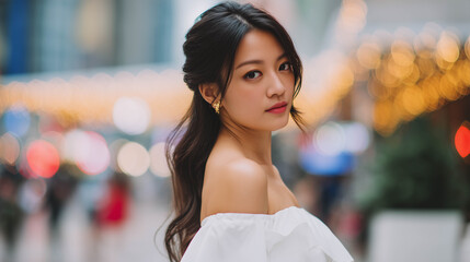A portrait of a half shot of a beautiful Asian woman in an off-shoulder white dress walking with a bokeh background.