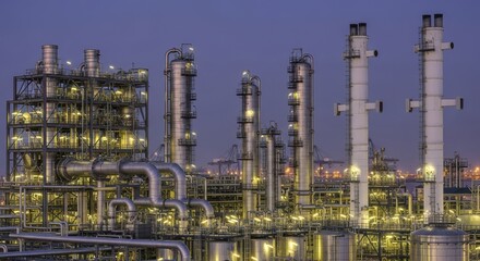 Petrochemical refinery plant at night with illuminated towers and pipes, industrial energy production