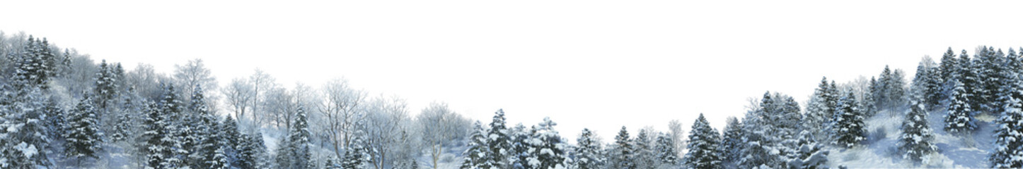 3D render panoramic view of mountains in winter on a transparent background.	