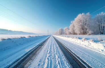 Obraz premium Snowy road with salt applied for winter driving conditions. Clear blue sky above a desolate, frosted landscape. Cars create tracks on the icy path.