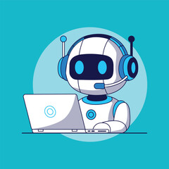 Illustration of a friendly robot working on a laptop with a headset on