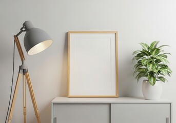 Modern interior scene with blank picture frame lamp and potted plant on a cabinet illustration