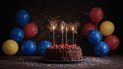 Beautiful image of a chocolate birthday cake with bright candles and red, blue, and yellow balloons. Happy birthday. Parties and celebrations