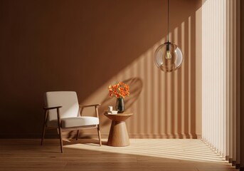 Sunlight streams through sheer curtains illuminating a serene living room chair and vase. illustration