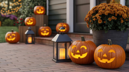 Fototapeta premium Halloween Porch Decoration with Pumpkins Lanterns and Mums Creating a Festive Atmosphere