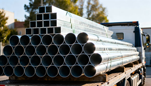 Shiny steel pipes and square tubes stacked on truck under daylight, ready for delivery