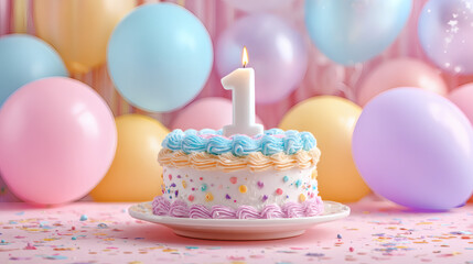 Beautiful image of a colorful birthday cake with a number 1 candle on top and pastel-colored balloons in the background. Happy birthday. Parties and celebrations
