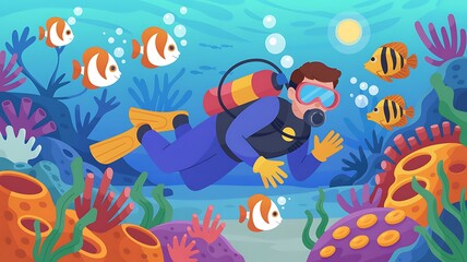 Cartoon Diver Explores Vibrant Coral Reef with Tropical Fish scuba diver underwater