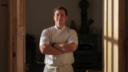 Pizza baker stands in front of a pizzeria with his arms crossed generative AI