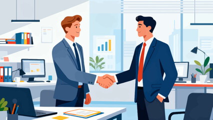 Business people in suits are in the office, shaking hands and working together, hand-drawing vector illustrations