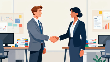 Business people in suits are in the office, shaking hands and working together, hand-drawing vector illustrations