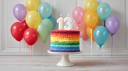 Beautiful image of a creative rainbow cake with a 13-shaped candle surrounded by colorful balloons in the background. Happy birthday. Parties and celebrations