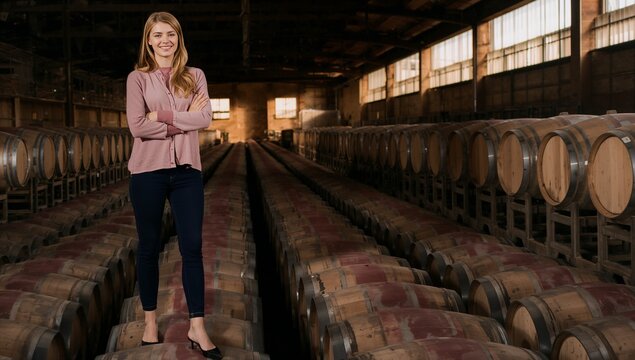 A young female winemaker stands on a barrique wooden barrel in her wine storage room generative AI - Powered by Adobe