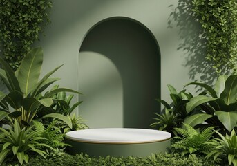 Arched podium display surrounded by lush greenery and dramatic sunlight shadows illustration