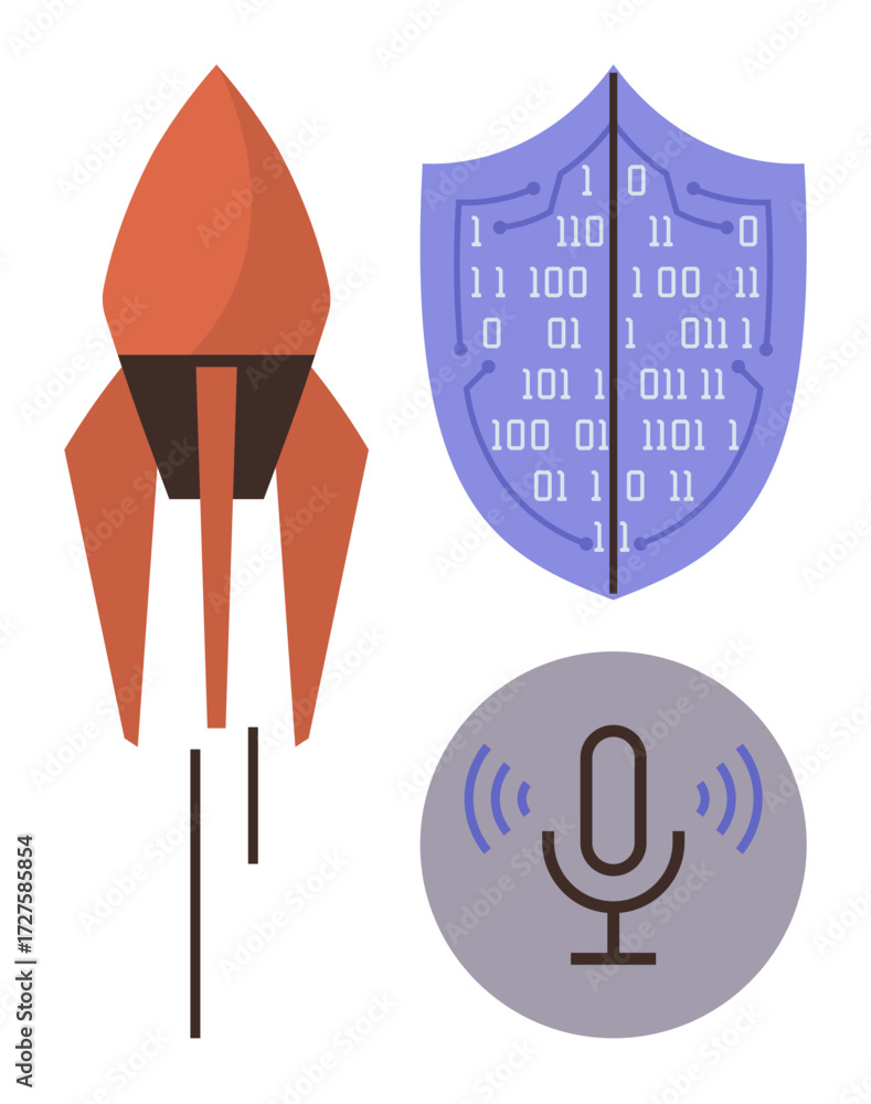 Poster rocket ascending symbolizes progress, shield with digital code indicates cybersecurity, and micropho