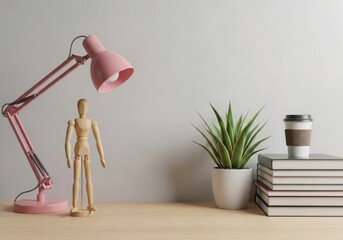 Minimalist workspace setup with desk lamp wooden mannequin books and coffee cup illustration