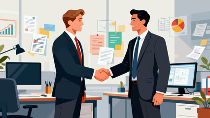Business people in suits are in the office, shaking hands and working together, hand-drawing vector illustrations