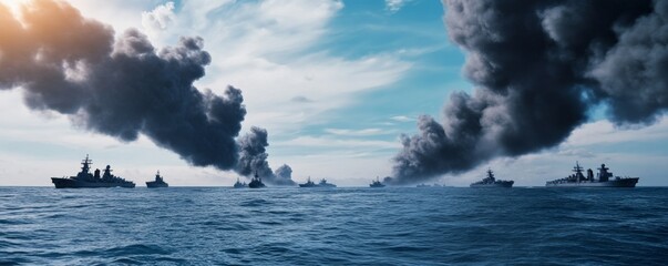Fototapeta premium Naval Fleet Under Smoke Clouds, Sea Warfare , Warship