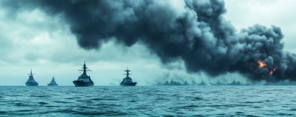 Naval Fleet Under Smoke Plume and Fire Sea Power, Warship , Navy