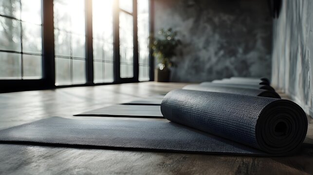 Row of gray yoga mats arranged on a wooden floor in a bright empty studio