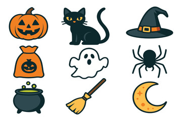 Collection of cute hand drawn halloween icons including pumpkin cat hat and ghost