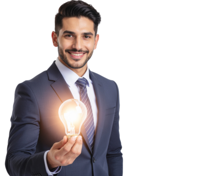 A confident businessman in a suit holding a glowing lightbulb symbolizing innovation, 