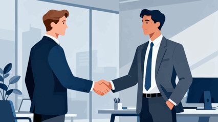 Fototapeta premium Business people in suits are in the office, shaking hands and working together, hand-drawing vector illustrations