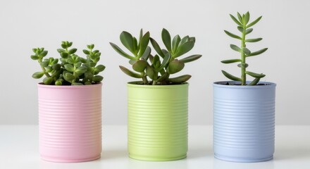 Obraz premium Three potted succulents in pastel colored tin cans isolated on white background