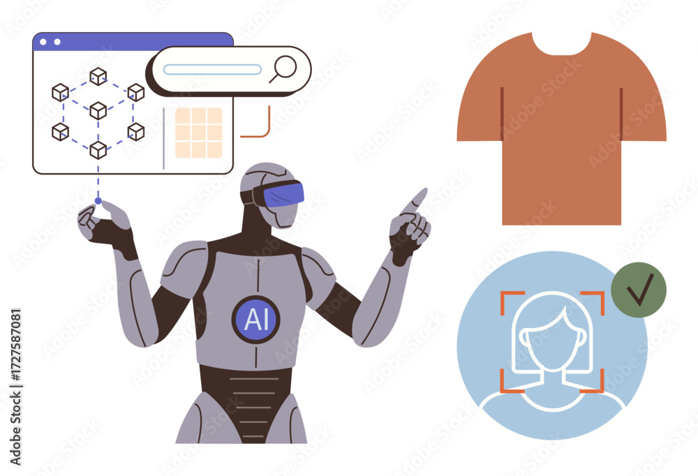 Poster ai-powered humanoid robot interacting with blockchain data, facial recognition interface, and clothi