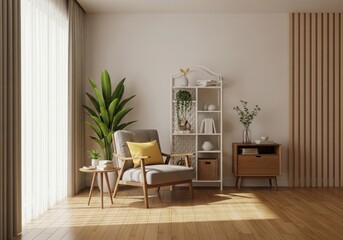 Comfortable armchair and modern shelving unit in a sunlit living room interior illustration