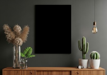 Modern interior scene with black blank frame and desert plants on wooden cabinet illustration