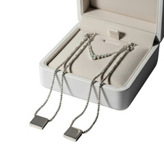 Elegant silver necklace with delicate pendant in a white jewelry box isolated on transparent background