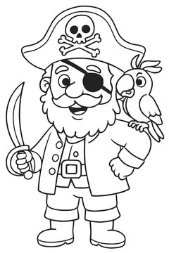 pirate with parot on shoulder coloring page for kids