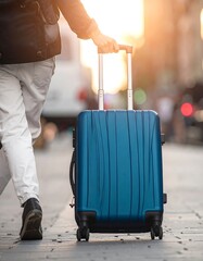 Person walking with luggage in city