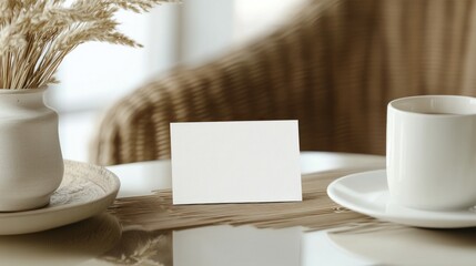 Blank Card Mockup on Wooden Table with Coffee and Dried Flowers