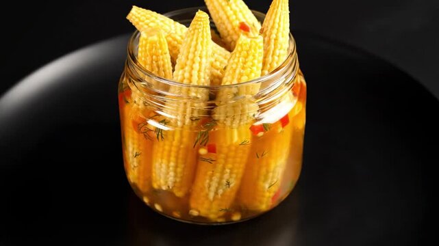 Pickled baby corn in a clear glass jar sits on a black surface