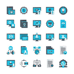 Vector art of set of computer and data icons, representing technology, information, and digital solutions for business, , vector illustration